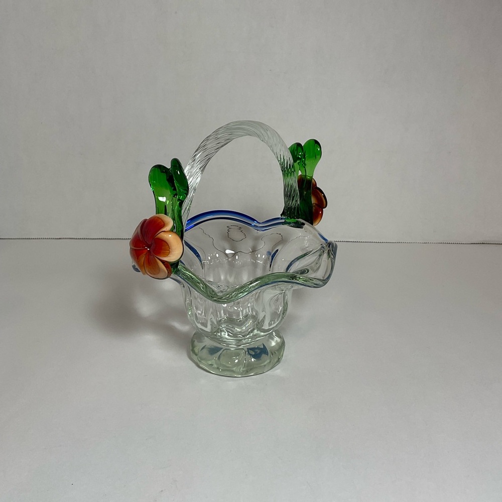 Art Glass Fluted Basket with Handle  Applied Red Flowers Vintage Studio Creation